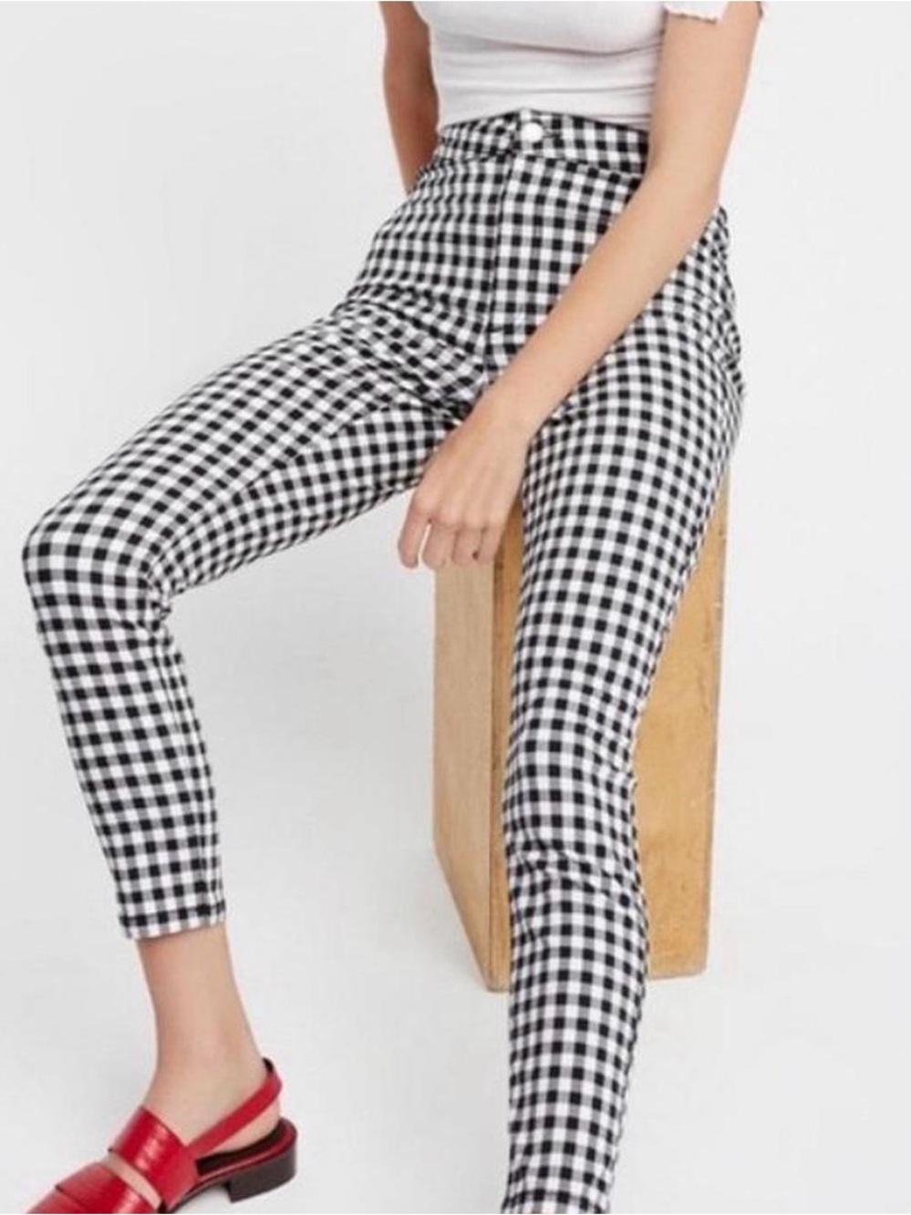 Free People Black & White Gingham High-Waist Slim Pants Sz 12